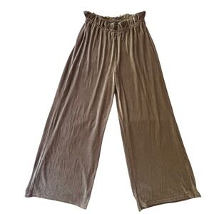 Velvet Wide Leg Pants L Taupe Ribbed Paperbag Waist Lounge Soft Stretch